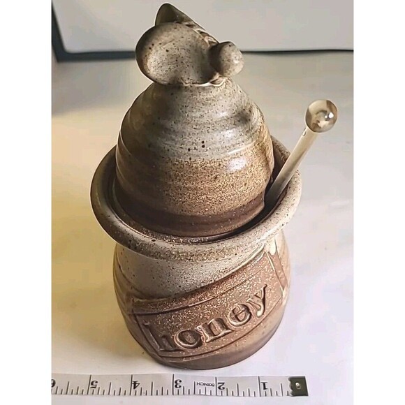 Wagner Village Pottery Glazed Honey Pot and Wooden Dipper Hand Made Signed - Picture 5 of 9